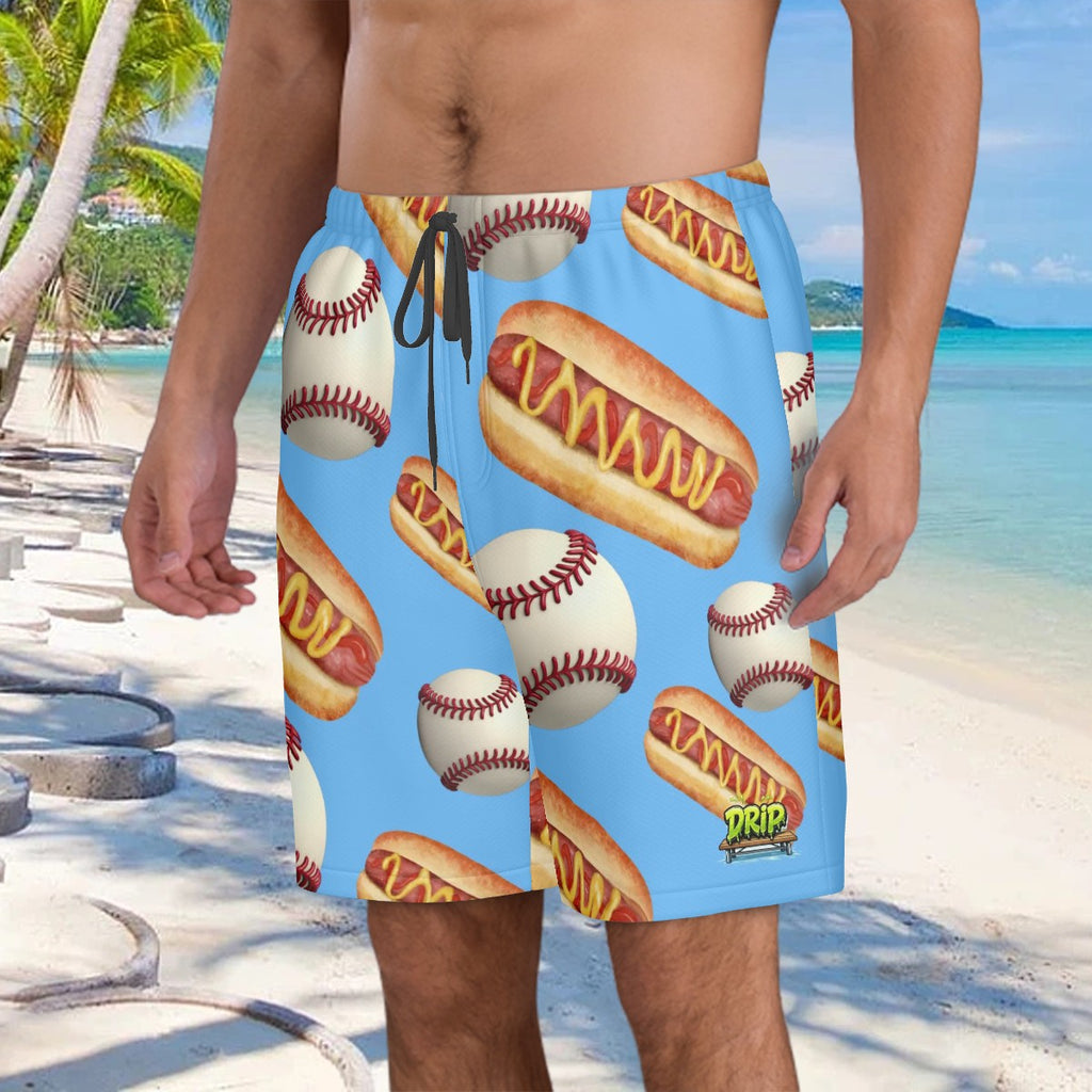 Men/Teen Swim Shorts - Baseballs and Hotdogs Blue