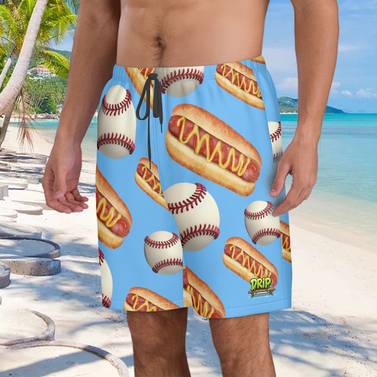 Men/Teen Swim Shorts - Baseballs and Hotdogs Blue