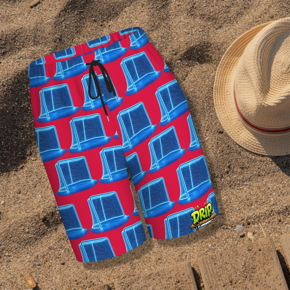 Youth Swim Shorts - Neon Blue Hockey Net Red