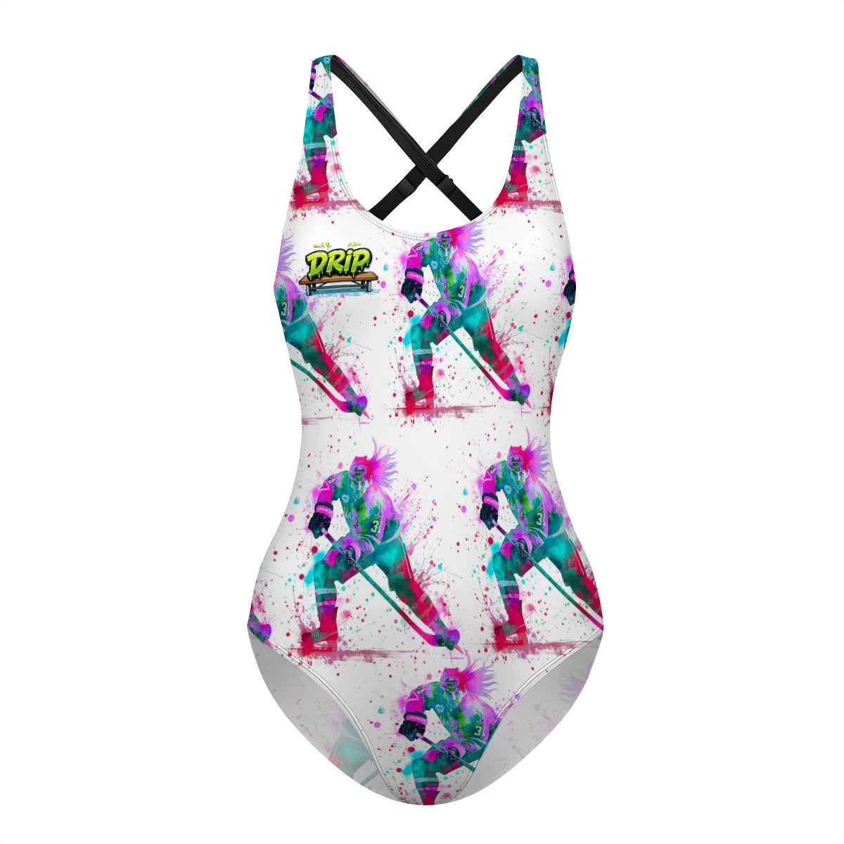Cross-Back One Piece Swimsuit Women - Hockey Drip Flo White