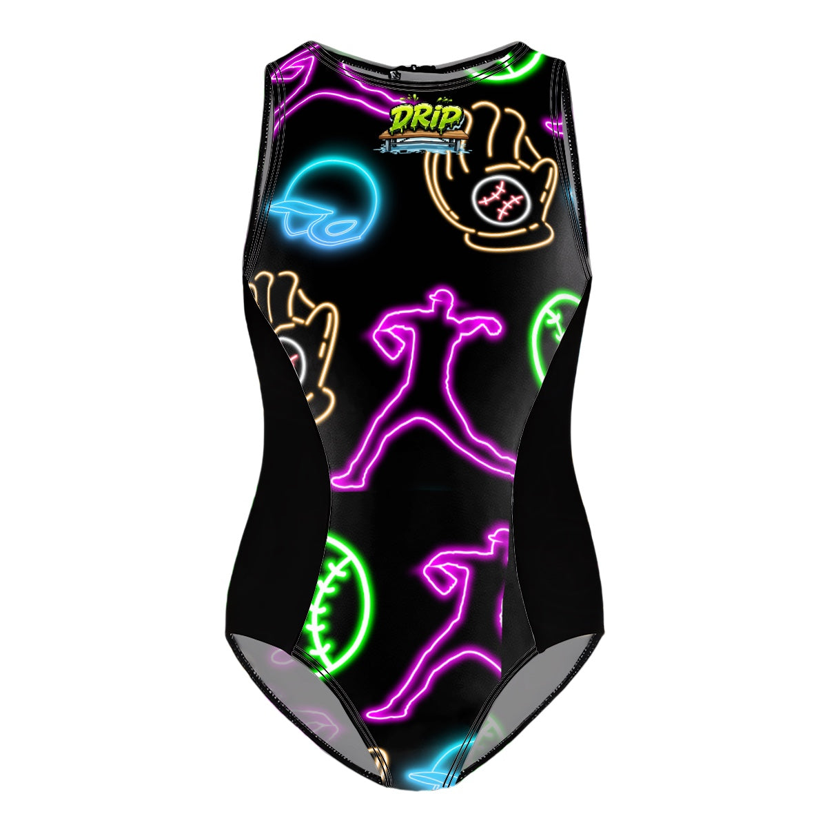 Girls One Piece Swimsuits Black Neon Lights
