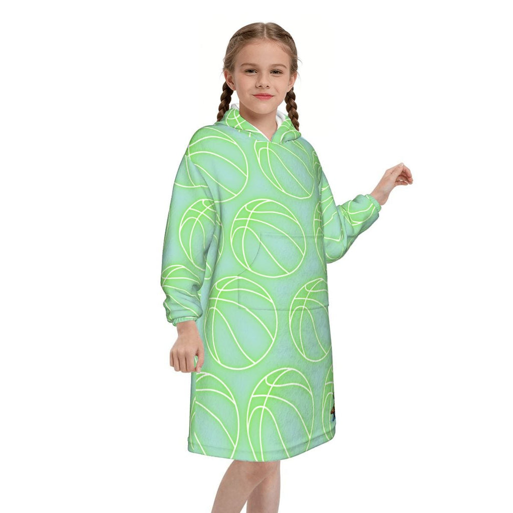 Youth Blanket Sweatshirt - Neon Green Basketballs Mint Green
