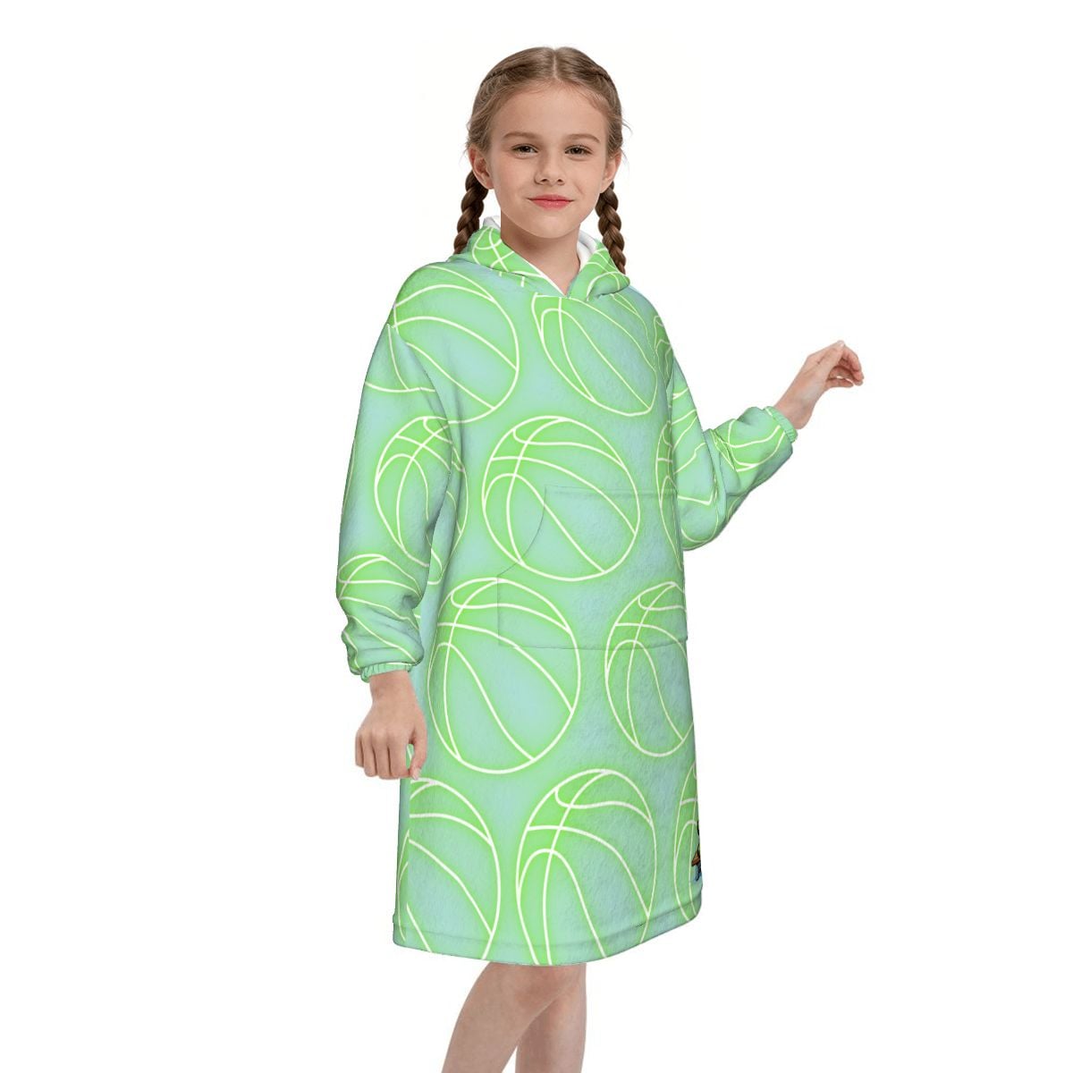 Youth Blanket Sweatshirt - Neon Green Basketballs Mint Green