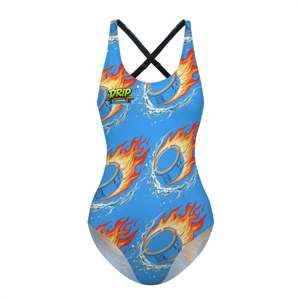Cross-Back One Piece Swimsuit Women - Flamin Hockey Pucks Blue