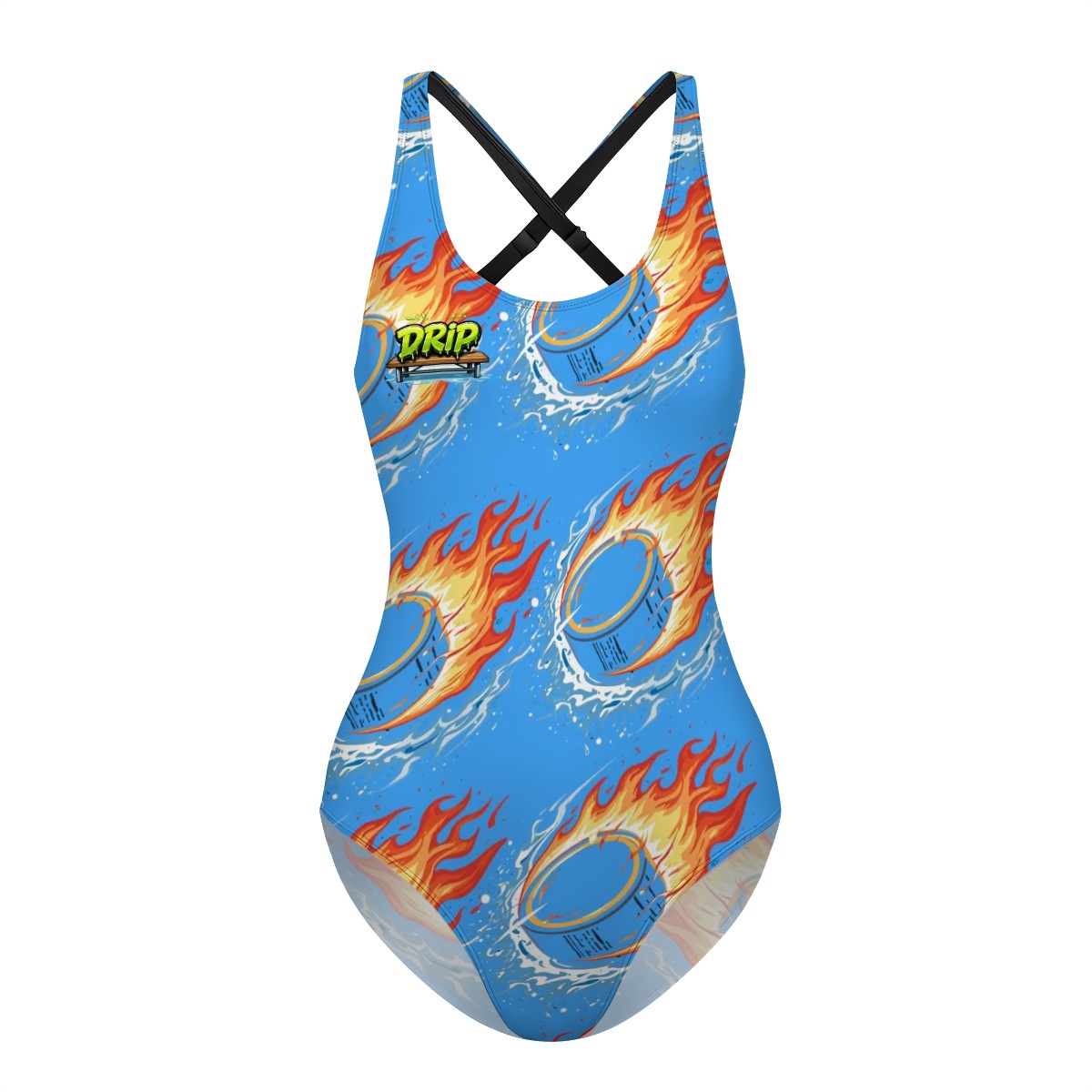 Cross-Back One Piece Swimsuit Women - Flamin Hockey Pucks Blue