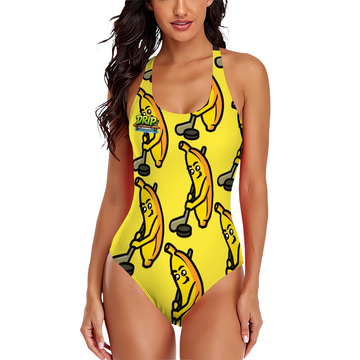 Cross-Back One Piece Swimsuit Women - Bananas about Hockey Yellow