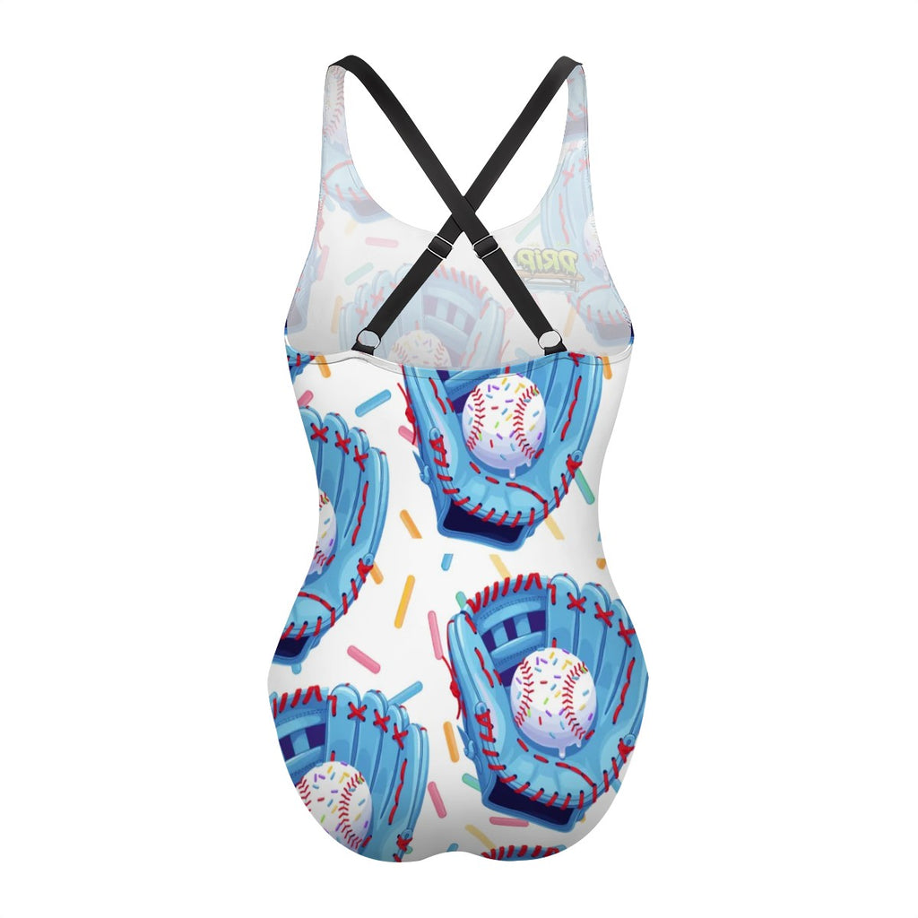 Cross-Back One Piece Swimsuit Women - Baseball Sprinkles Drip White