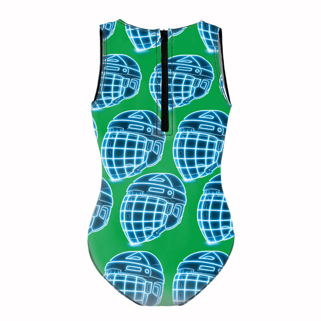Girls One Piece Swimsuits - Hockey Helmet Neon Blue Green