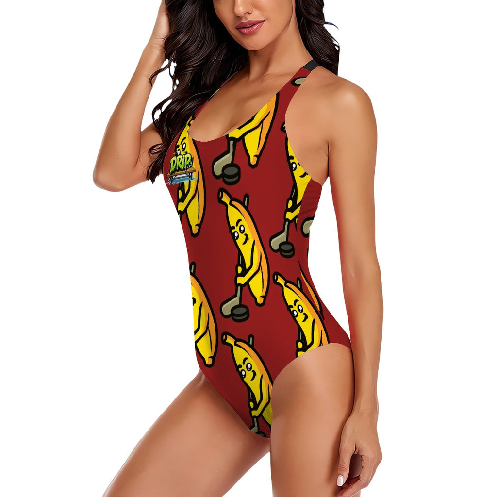 Cross-Back One Piece Swimsuit Women - Bananas about Hockey Classic Red