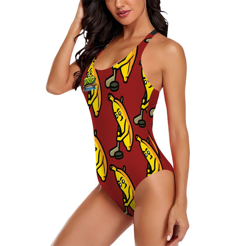 Cross-Back One Piece Swimsuit Women - Bananas about Hockey Classic Red