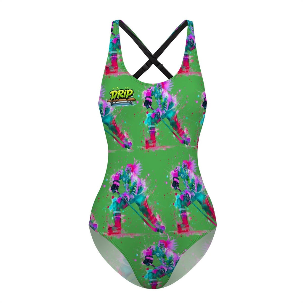 Cross-Back One Piece Swimsuit Women - Hockey Drip Flo Green