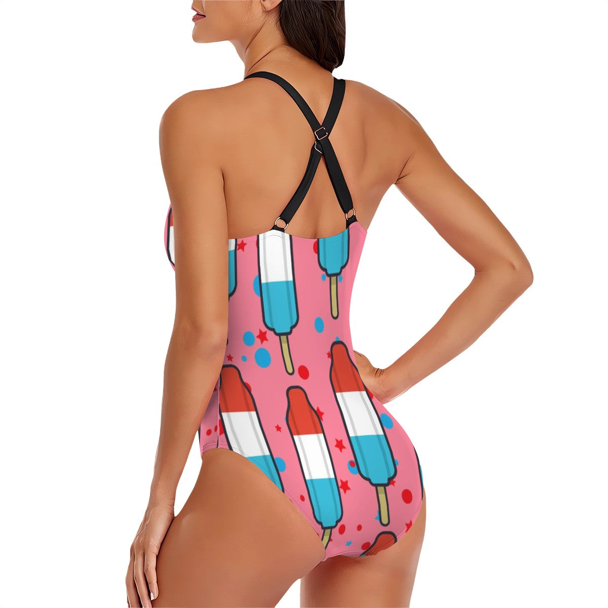 Cross-Back One Piece Swimsuit Women - Red White and Blue Pop Pink
