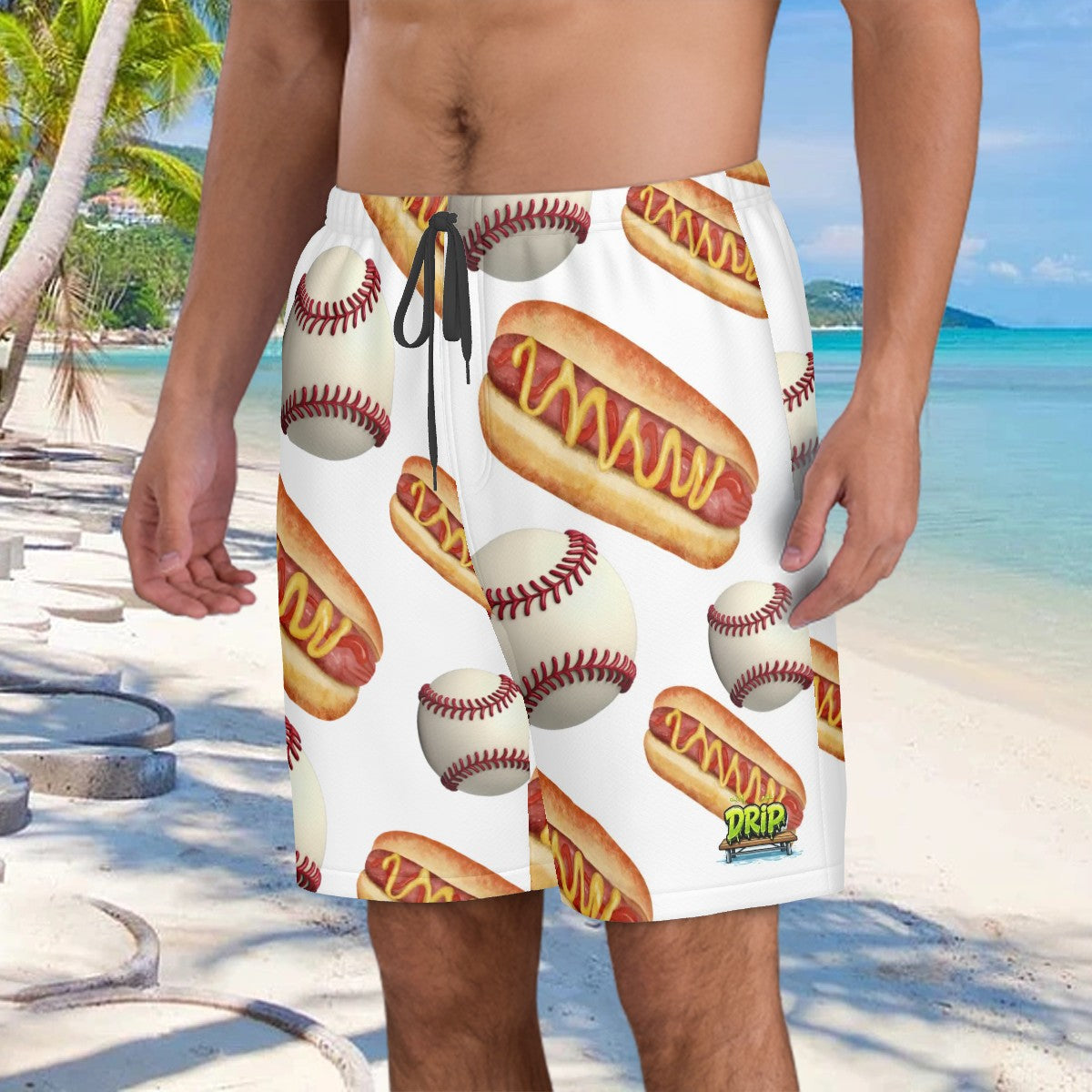 Men/Teen Swim Shorts - Baseballs and Hotdogs White