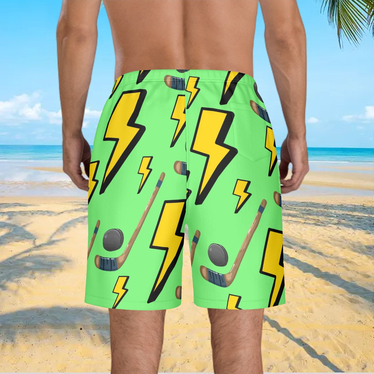 Men/Teen Swim Shorts - Lightning Bolts and Hockey Sticks Hot Green