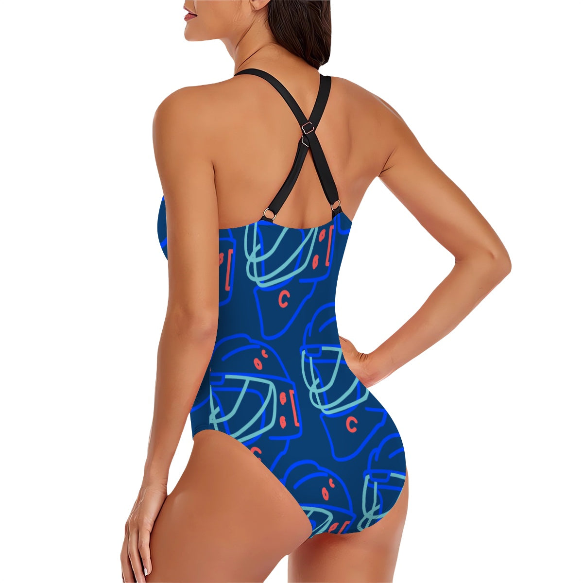 Cross-Back One Piece Swimsuit Women - Goalie Helmet Sketch Midnight