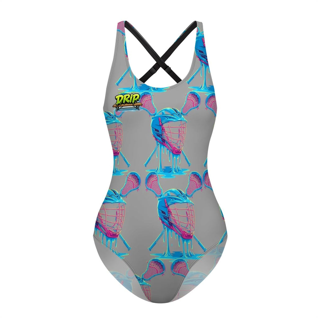 Cross-Back One Piece Swimsuit Women - Lacrosse Helmet Sticks Grey