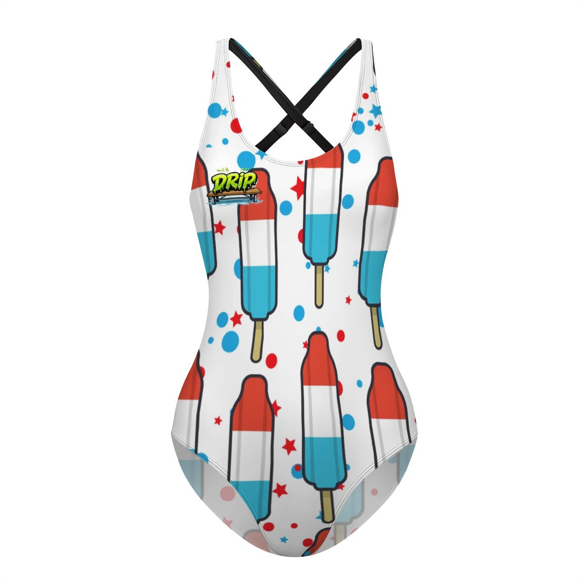 Cross-Back One Piece Swimsuit Women - Red White and Blue Pop White