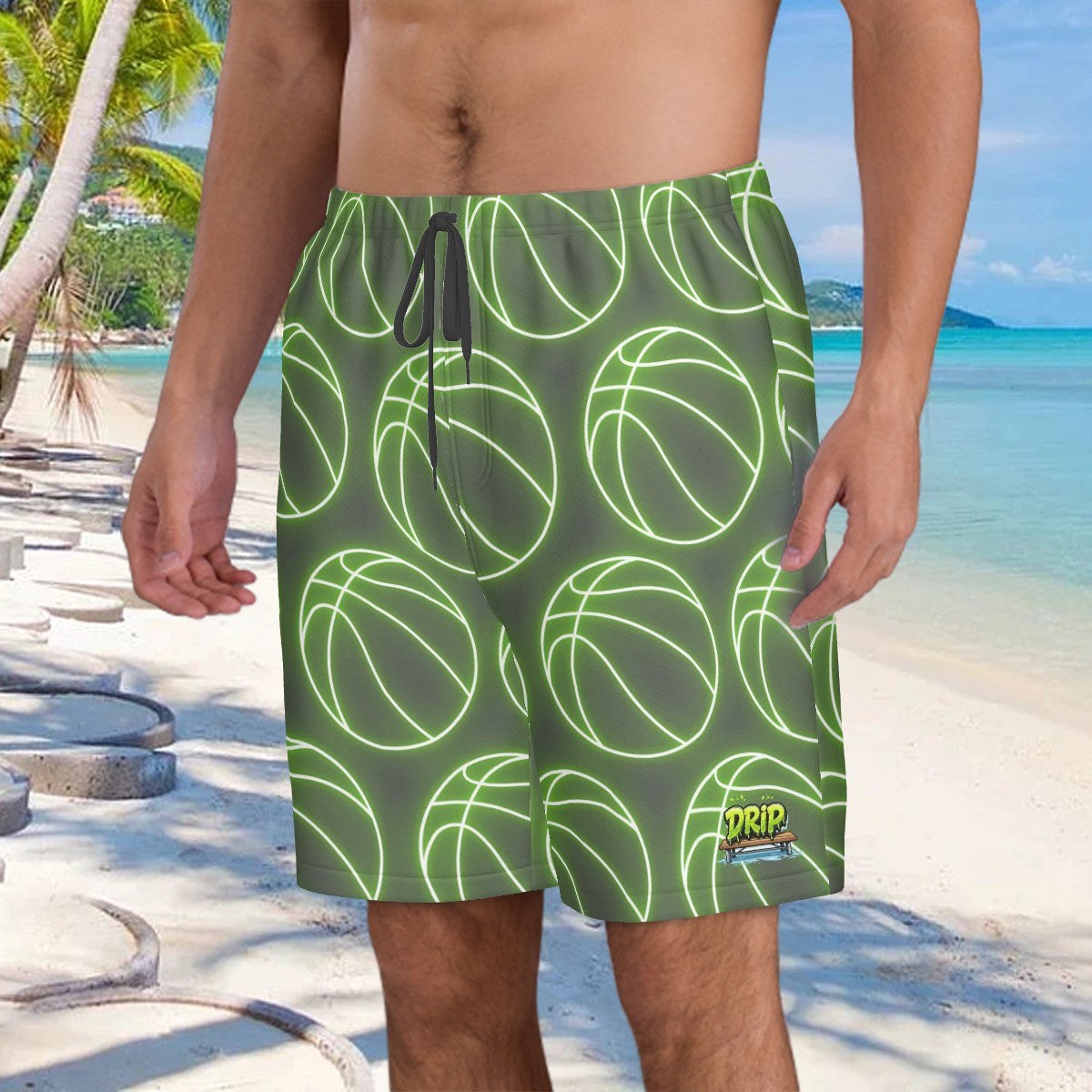 Men/Teen Swim Shorts - Neon Green Basketballs Charcoal