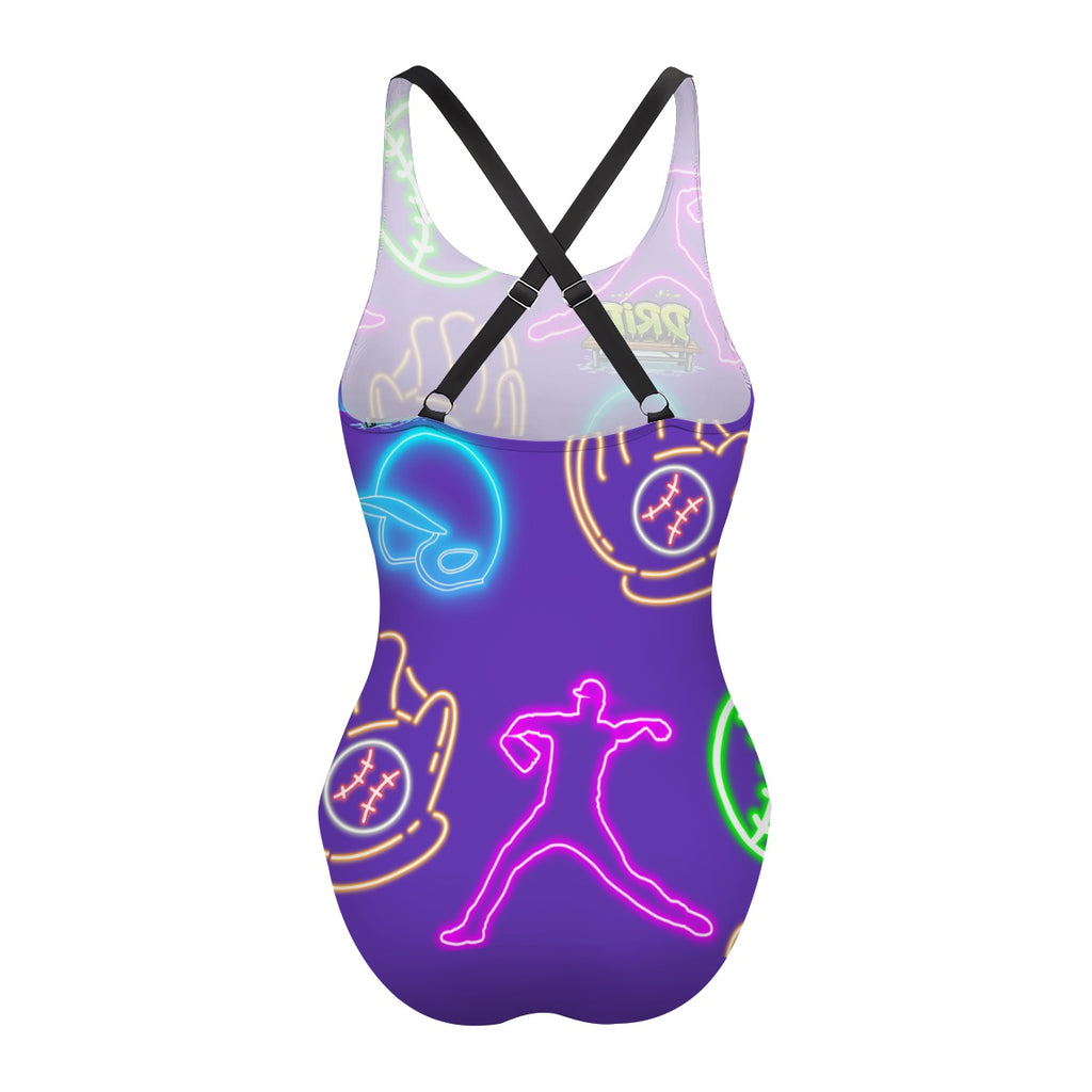 Cross-Back One Piece Swimsuit Women - Purple Neon Lights