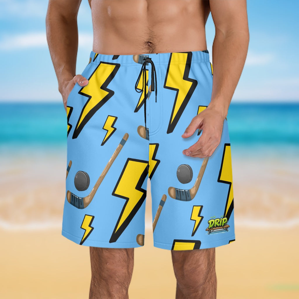 Men/Teen Swim Shorts - Lightning Bolts and Hockey Sticks Sky Blue