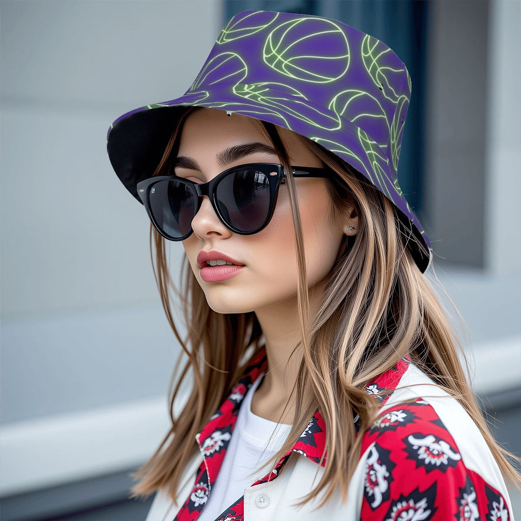 Drip Bucket Hat - Neon Green Basketballs Purple