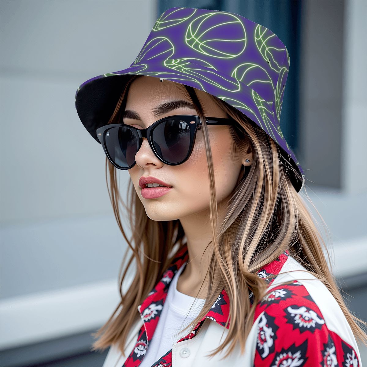 Drip Bucket Hat - Neon Green Basketballs Purple
