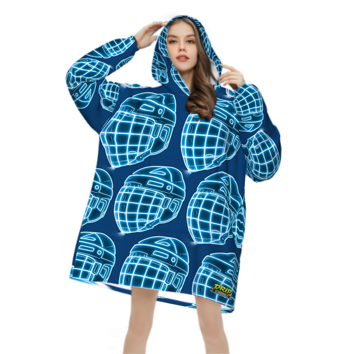 Adult Blanket Sweatshirt - Hockey Helmet Neon Blue Midnight