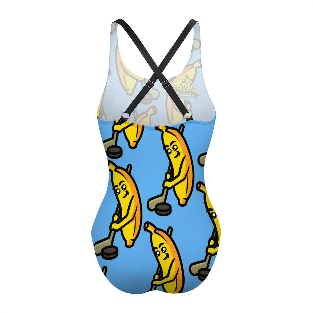 Cross-Back One Piece Swimsuit Women - Bananas about Hockey Sky Blue