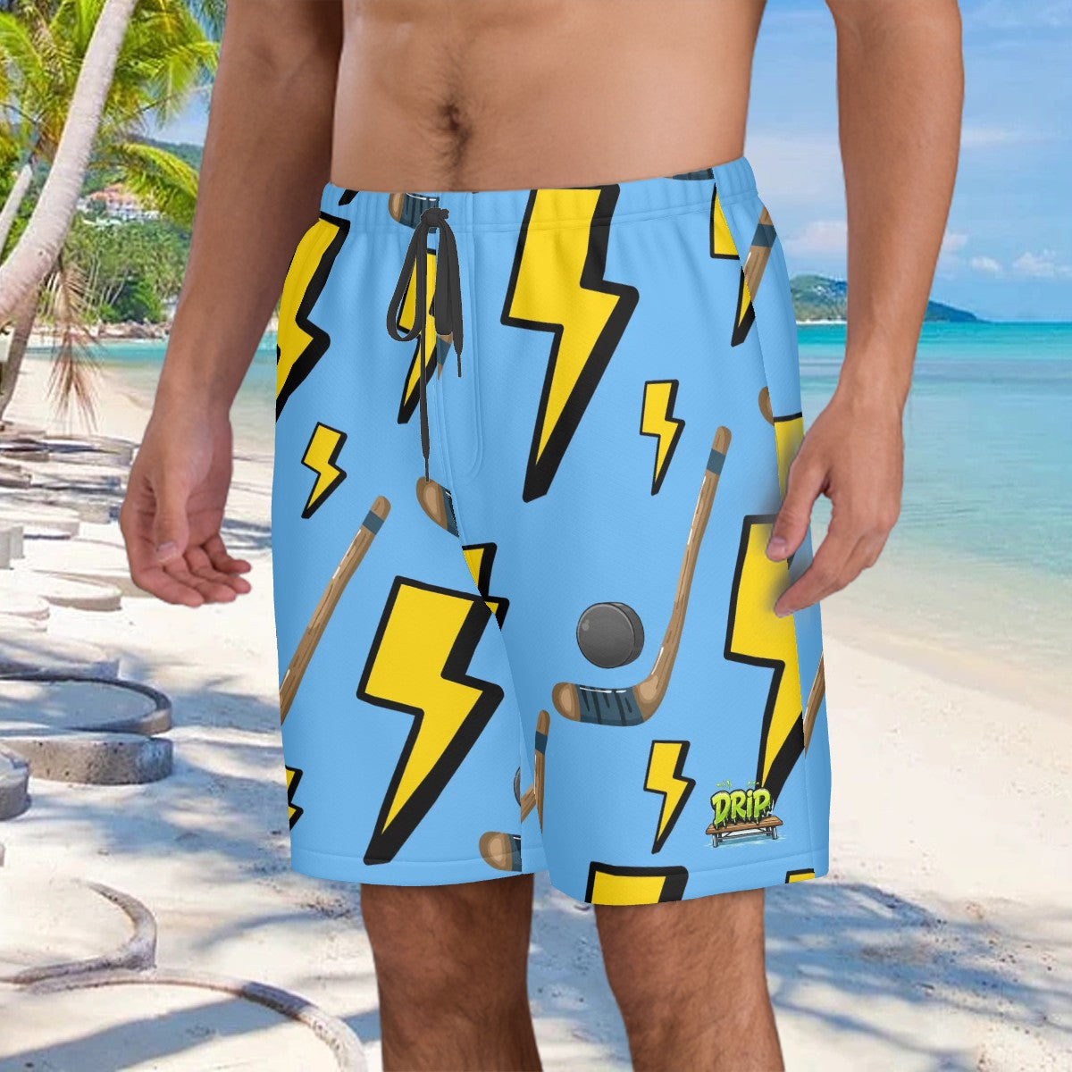 Men/Teen Swim Shorts - Lightning Bolts and Hockey Sticks Sky Blue