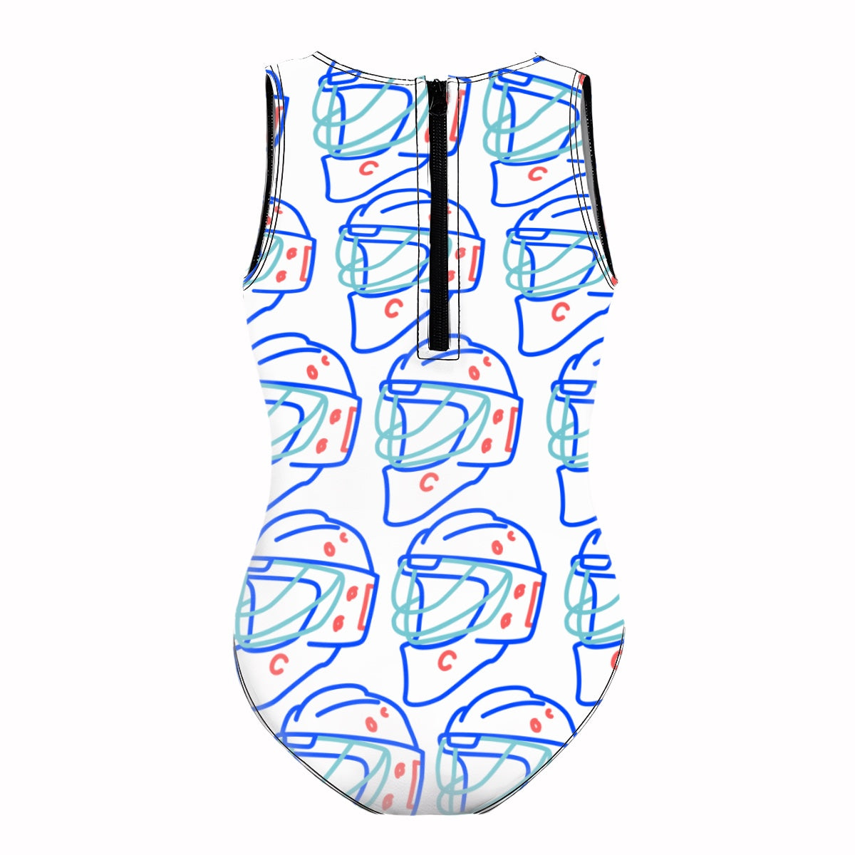 Girls One Piece Swimsuits - Goalie Helmet Sketch White