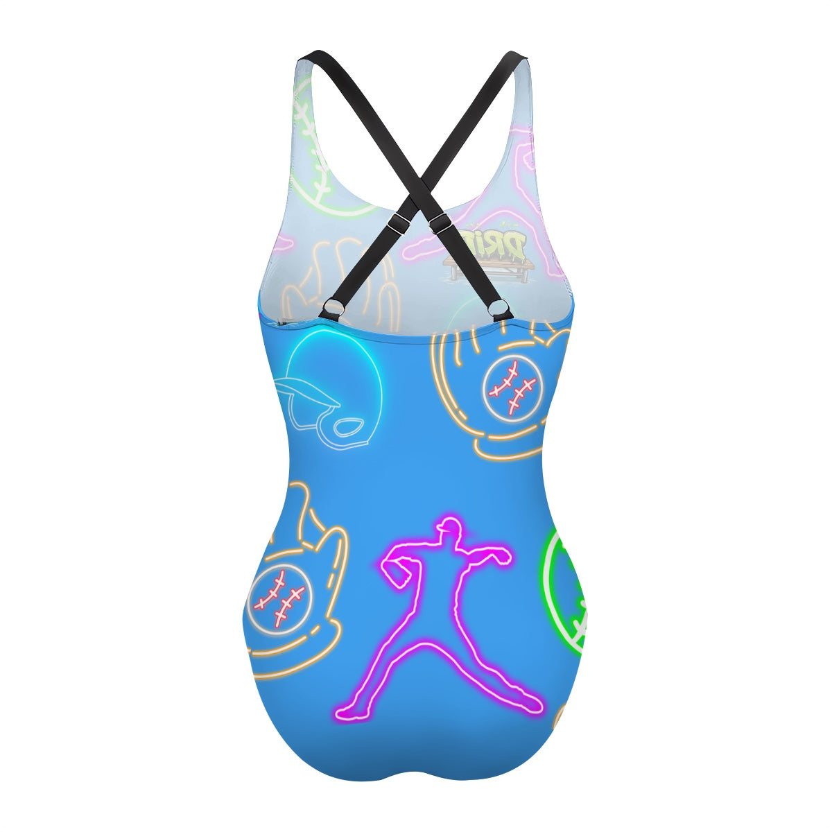 Cross-Back One Piece Swimsuit Women - Sky Blue Neon Lights