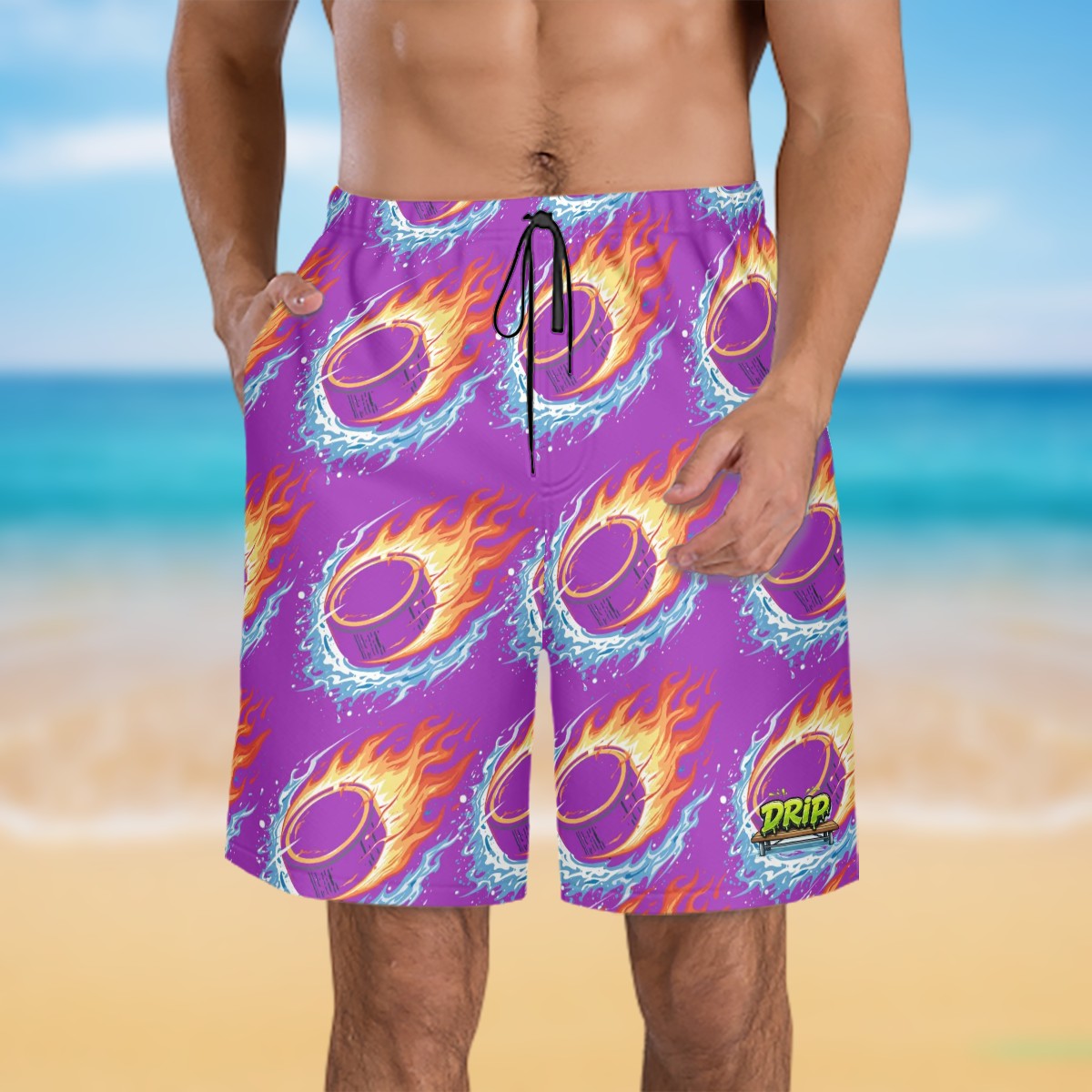 Men/Teen Swim Shorts - Flamin Hockey Pucks Classic Purple