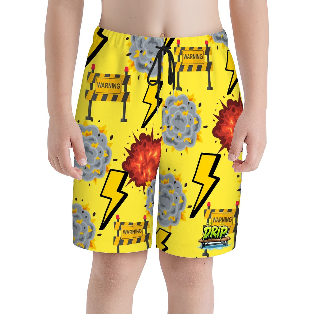 Youth Swim Shorts - I Come With a Warning Label Yellow