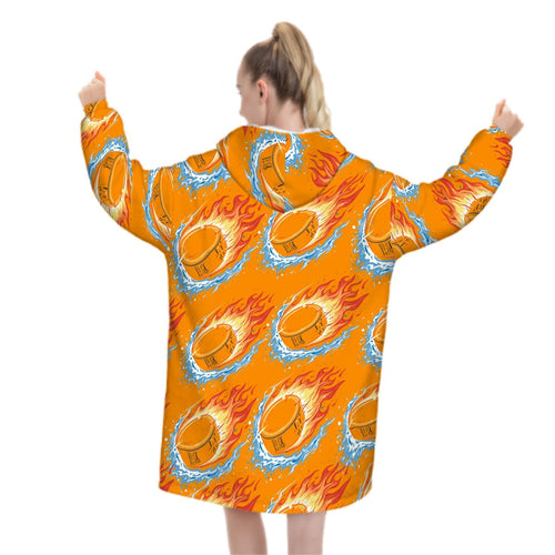 Adult Blanket Sweatshirt - Flamin Hockey Pucks Orange