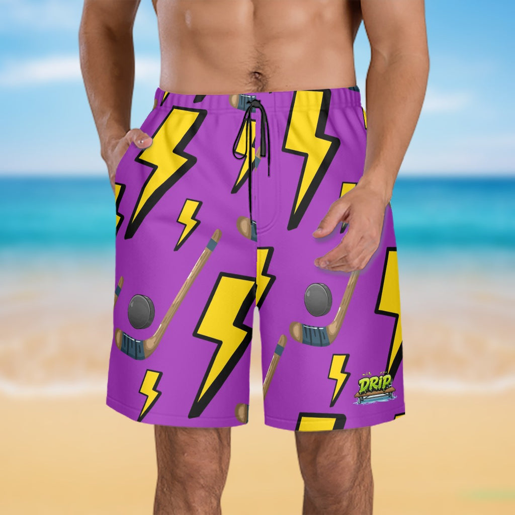 Men/Teen Swim Shorts - Lightning Bolts and Hockey Sticks Purple