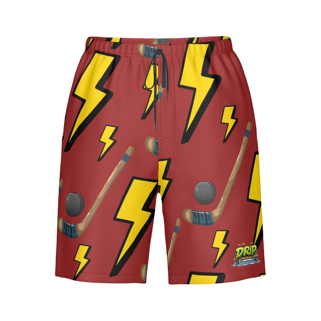 Men/Teen Swim Shorts - Lightning Bolts and Hockey Sticks Classic Red