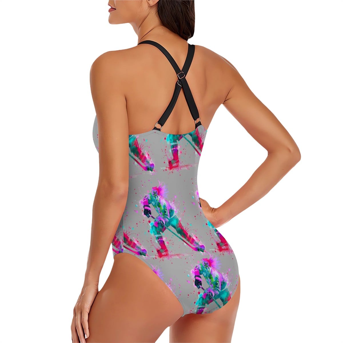 Cross-Back One Piece Swimsuit Women - Hockey Drip Flo Grey
