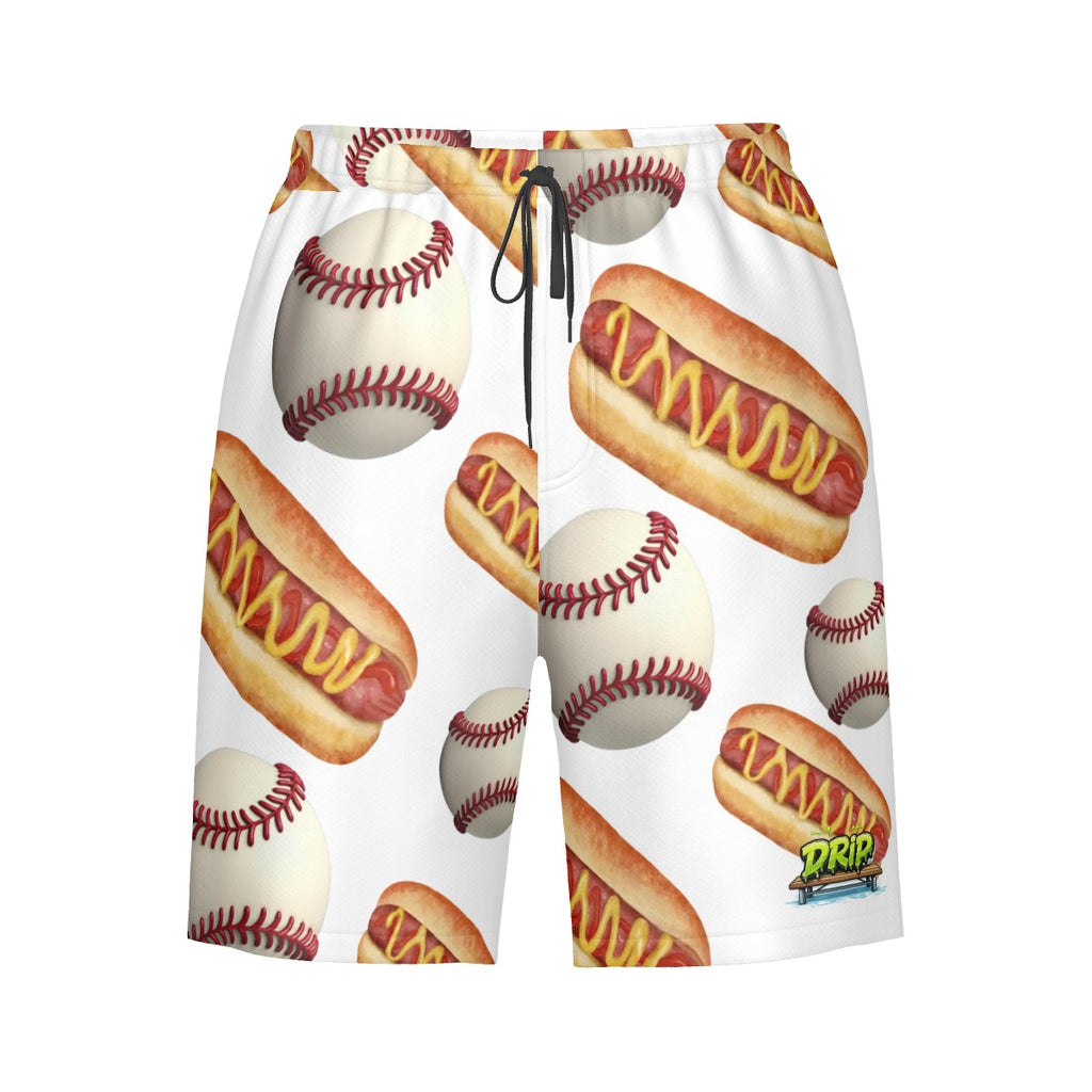 Men/Teen Swim Shorts - Baseballs and Hotdogs White