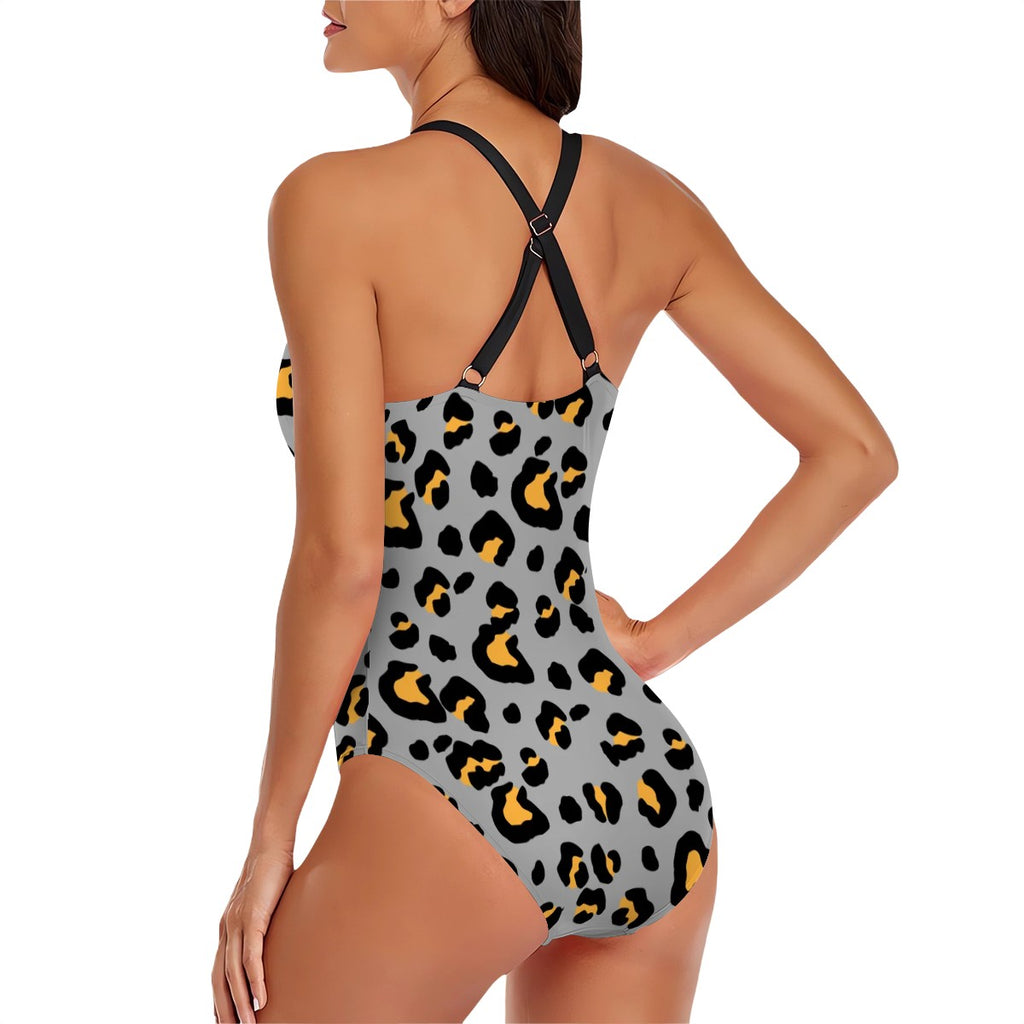 Cross-Back One Piece Swimsuit Women - Drip Bench Leopard Grey