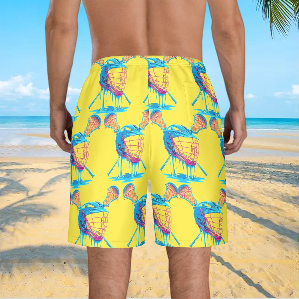 Men/Teen Swim Shorts - Lacrosse Helmet Sticks Yellow