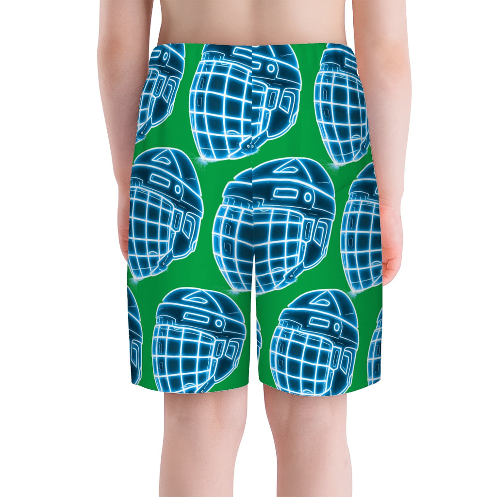 Youth Swim Shorts - Hockey Helmet Neon Blue Green