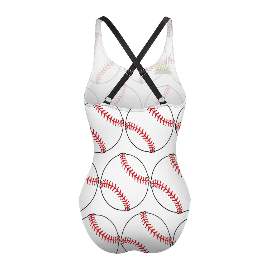 Cross-Back One Piece Swimsuit Women - Classic Baseball White