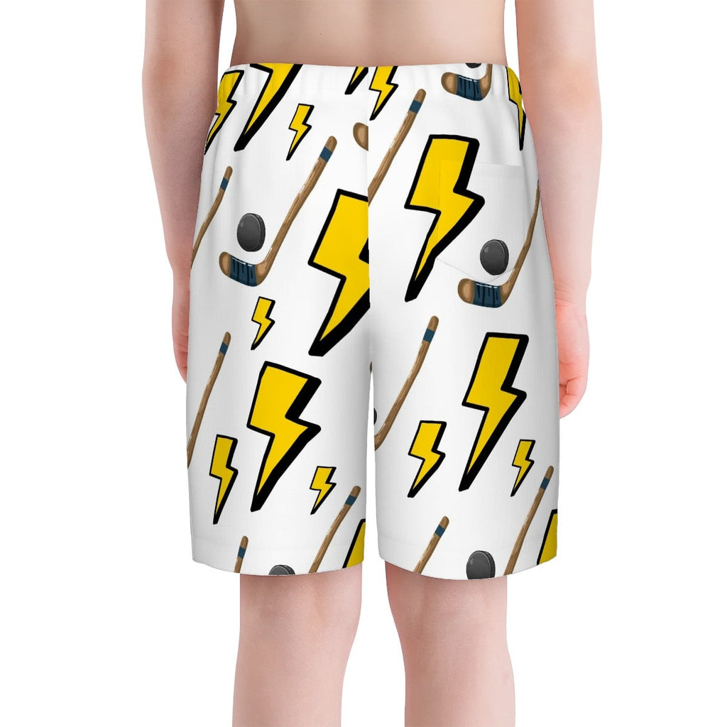 Youth Swim Shorts - Lightning Bolts and Hockey Sticks White