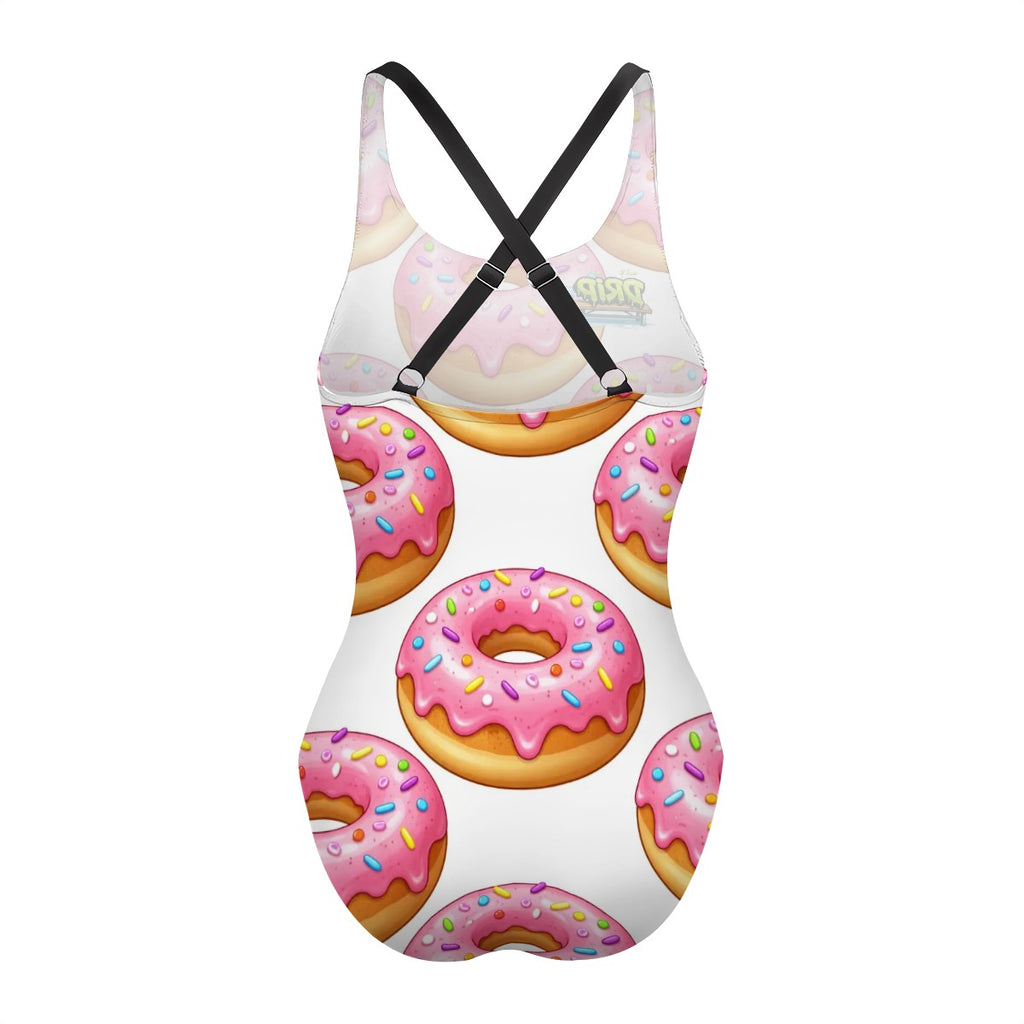 Cross-Back One Piece Swimsuit Women - Pink Donuts White
