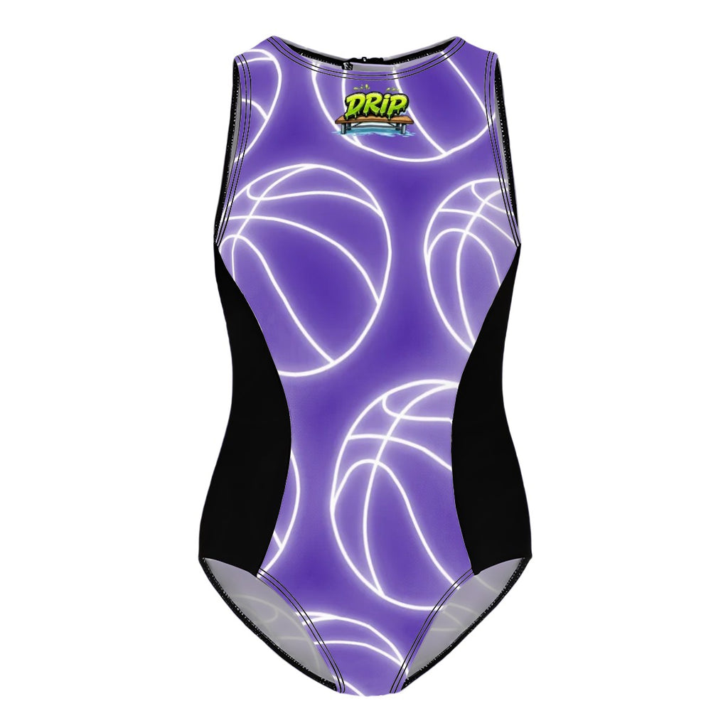 Girls One Piece Swimsuits - Neon White Basketballs Purple