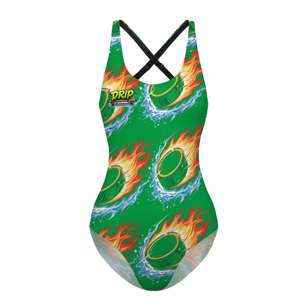 Cross-Back One Piece Swimsuit Women - Flamin Hockey Pucks Classic Green