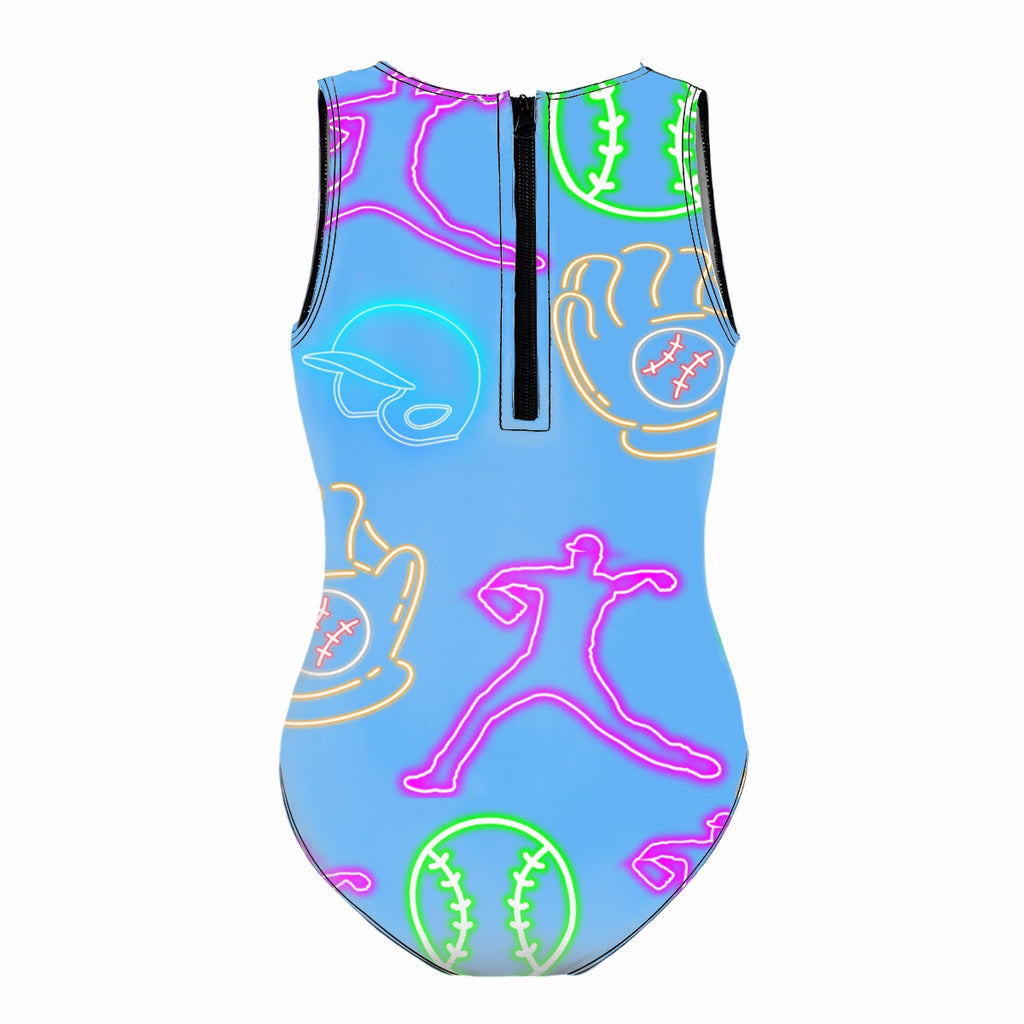 Girls One Piece Swimsuits Sky Blue Neon Lights