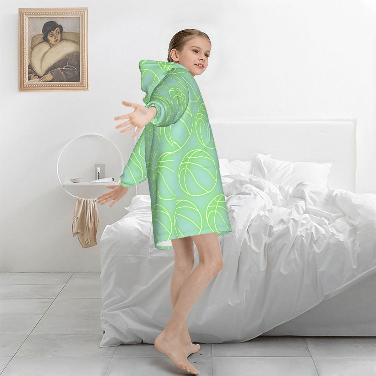 Youth Blanket Sweatshirt - Neon Green Basketballs Mint Green