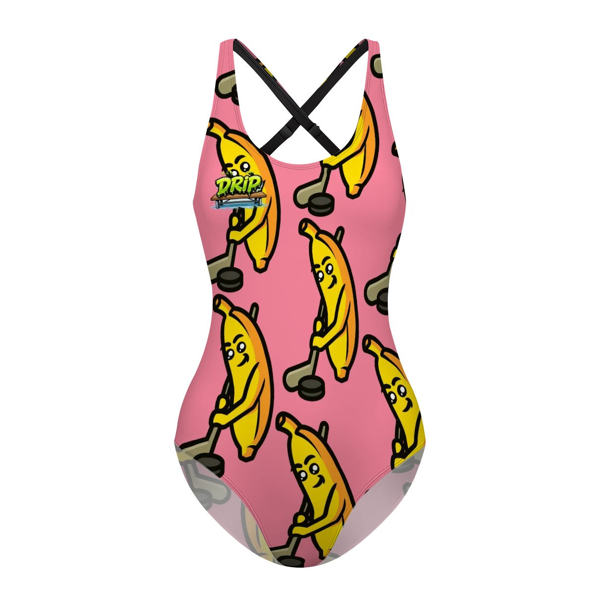 Cross-Back One Piece Swimsuit Women - Bananas about Hockey Pink