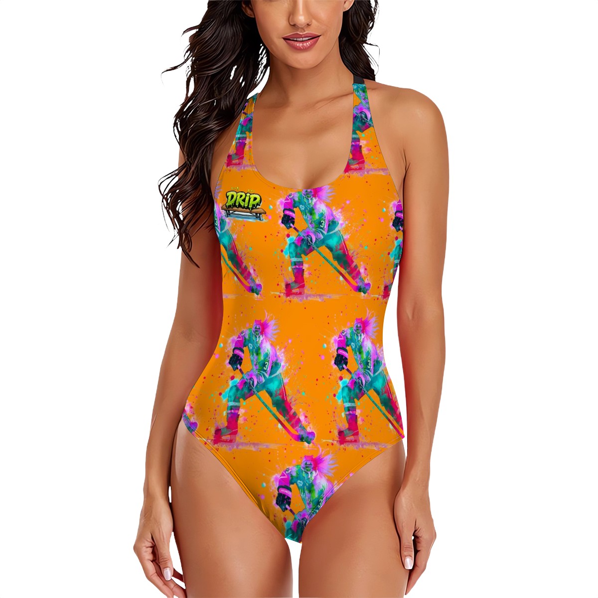 Cross-Back One Piece Swimsuit Women - Hockey Drip Flo Dark Orange